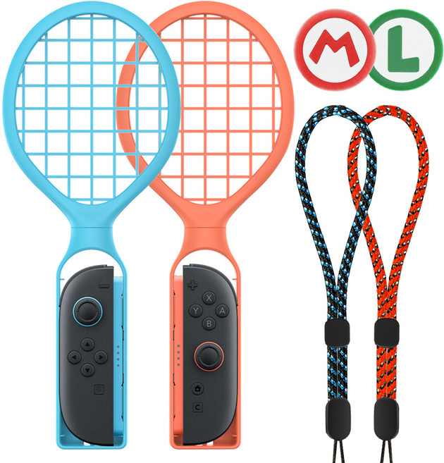 스페이스쉴드 플레이핏 스포츠 피버 테니스 라켓 2종 + 슈퍼 머쉬룸 스틱캡 2종 세트, 레드, 그린(스틱캡), 1세트, 닌텐도 스위치 2 조이콘