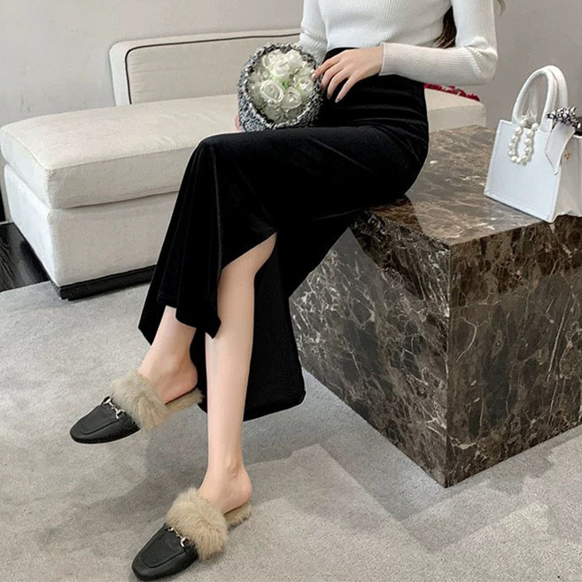 Goodif 女款絲絨開衩長裙 高腰A字法式日常長裙