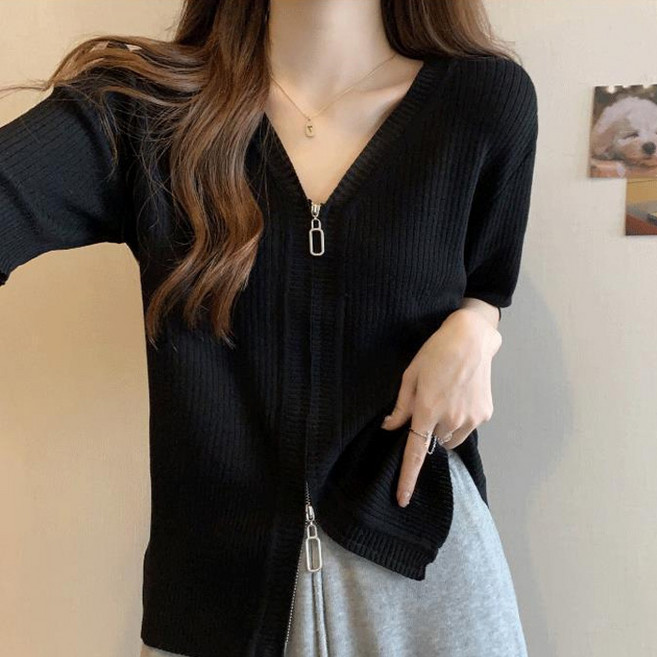 선빛 여성용 루모라 골지 브이넥 반팔 무지 니트 집업