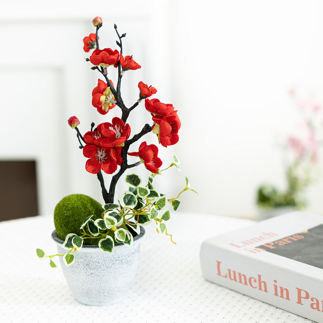 플라워트리 조화 봄날 이끼 넝쿨 매화 화분 세트 13 x 32 cm, 레드, 1세트
