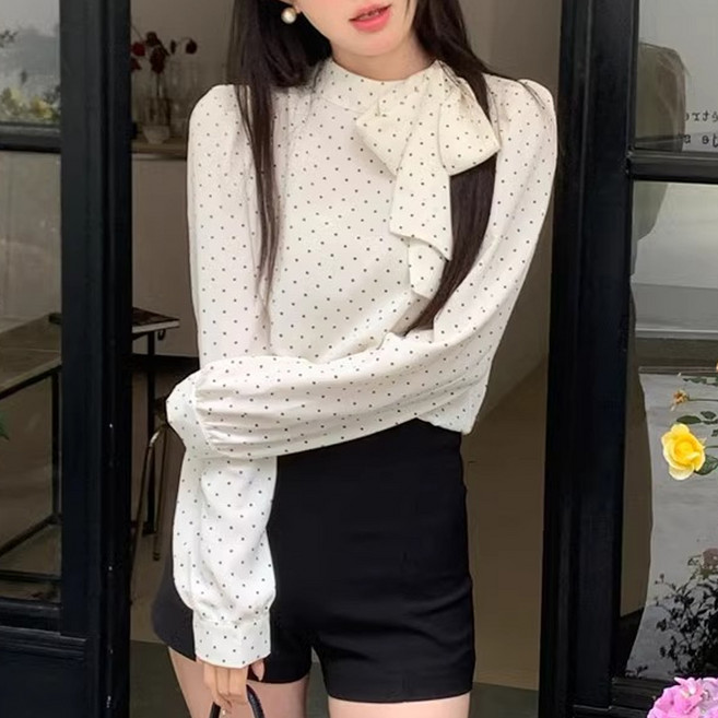 TheSirup 女款迷你圓點側邊蝴蝶結雪紡襯衫