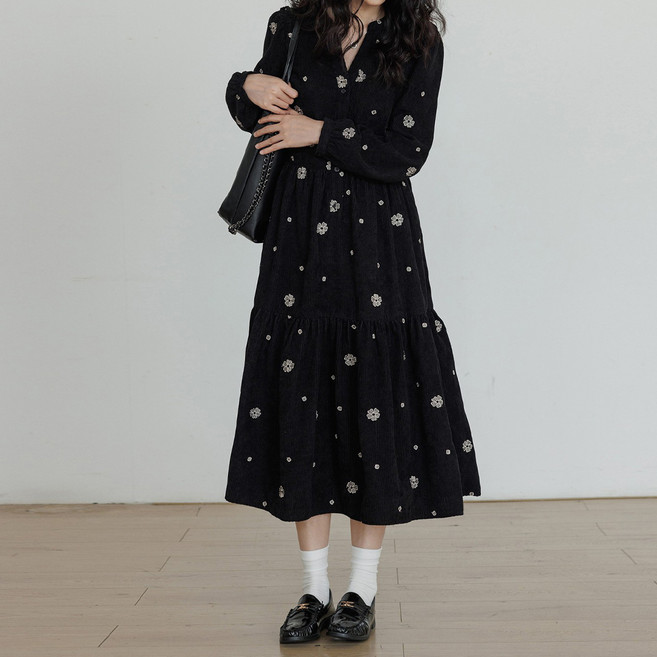 마켓에이 여성용 숏/롱 기장 플라워 자수 코듀로이 원피스