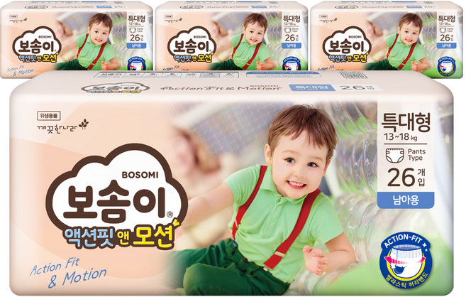 보솜이 액션핏앤모션 팬티형 기저귀 남아용, 특대형(XL), 104매