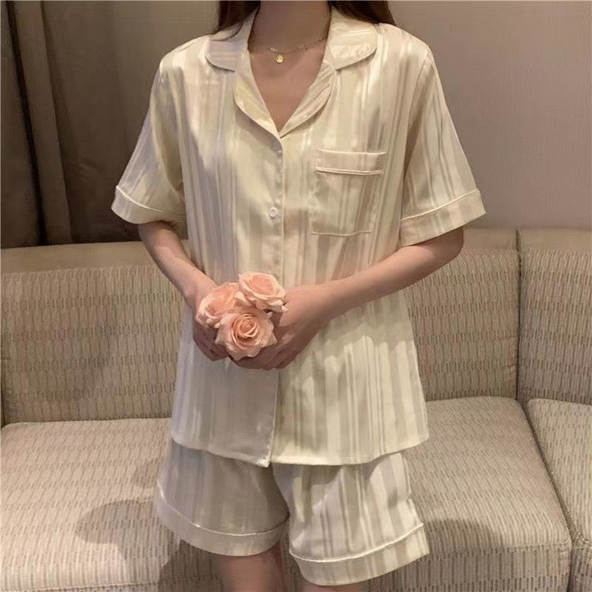 PEONIST 女款條紋絲綢睡衣上下套裝