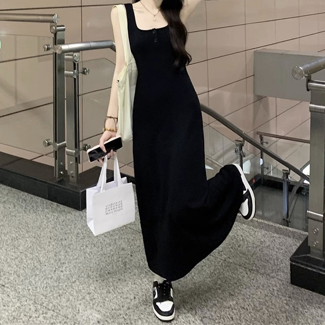 Goodif 方領針織無袖連身裙, 黑色