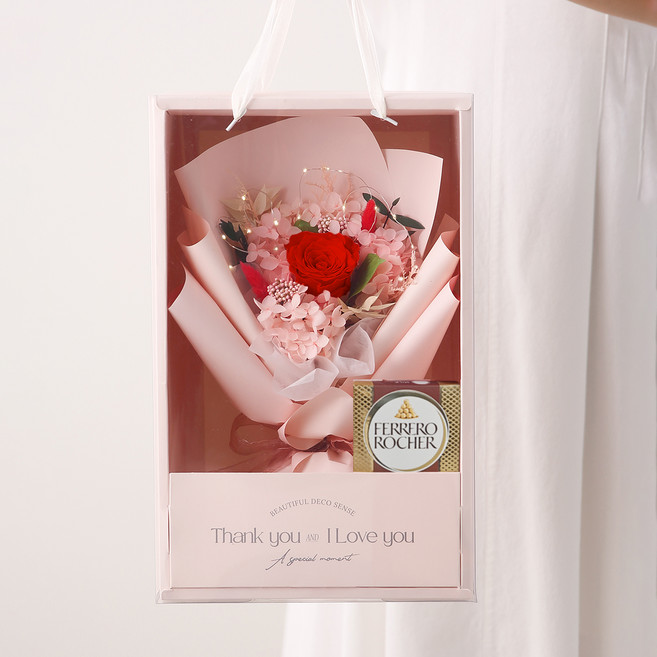 뷰티풀데코센스 페레로로쉐 밀크 초콜릿 + 프리저브드 LED 꽃다발 + 케이스 세트, Red