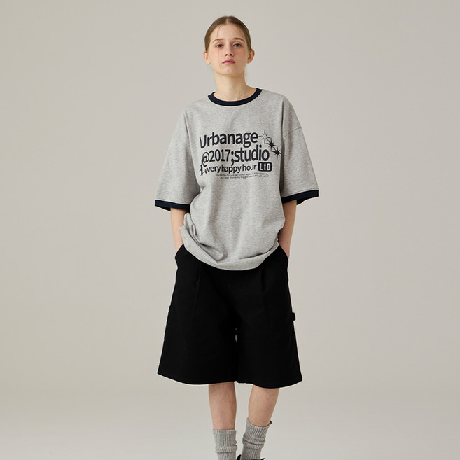 어반에이지 남녀공용 스튜디오 링거 오버 반팔 티셔츠