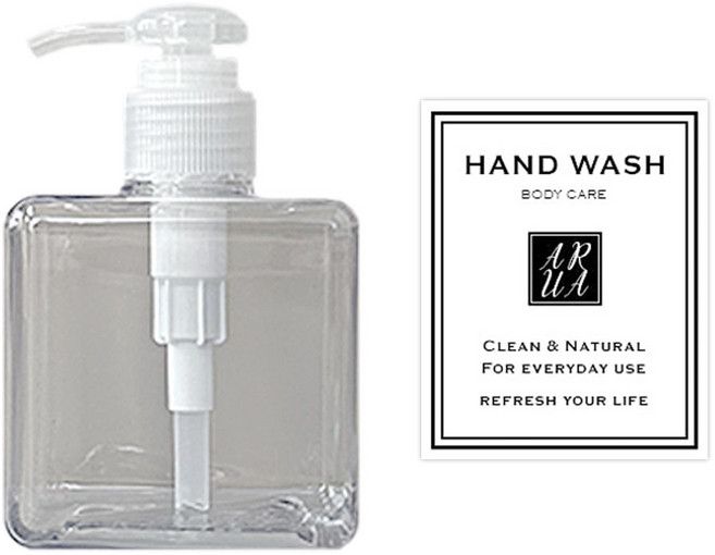 아루아 욕실 주방 디스펜서 일반펌프 250ml + 핸드워시 스티커, 1세트, 투명