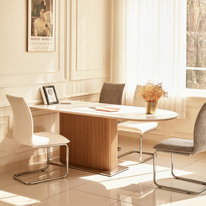 끌레오 런던 세라믹 반타원형 템바보드 6인용 식탁 테이블 홈바 1800 방문설치, 화이트+오크