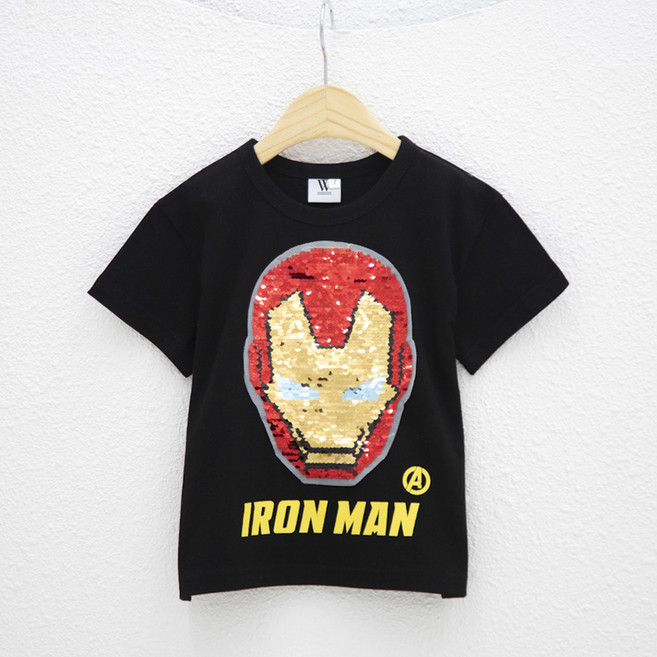 더블유 마블 아동용 통기성 아이언맨 어벤져스 반전 스팽글 반팔 티셔츠