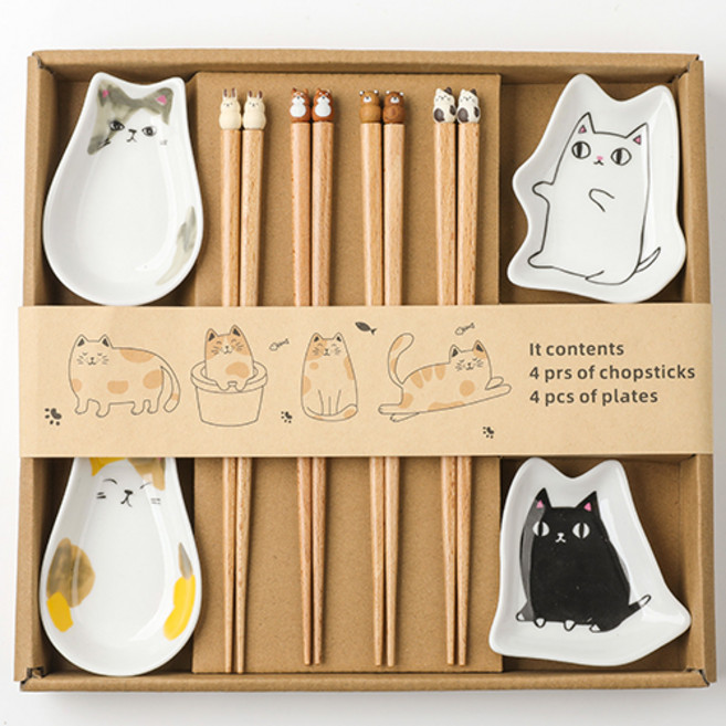 큐트미 고양이 식기세트 8p MP549, 혼합색상, 소스볼 4종 + 젓가락 4종, 1세트