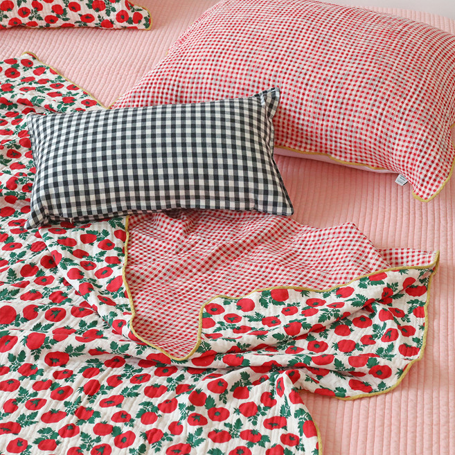 누블 4중 거즈 토마토 체크 사계절 담요