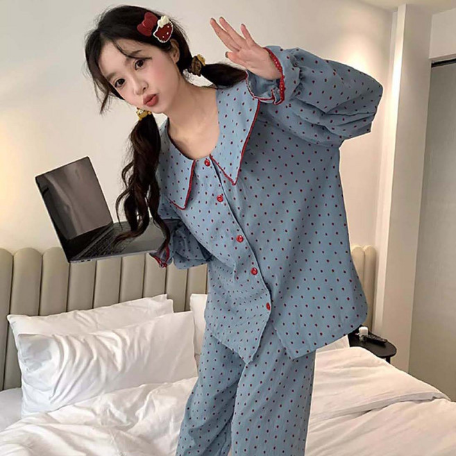 투이스타 여성용 잠옷 빅카라 긴팔 상의 + 하의 세트