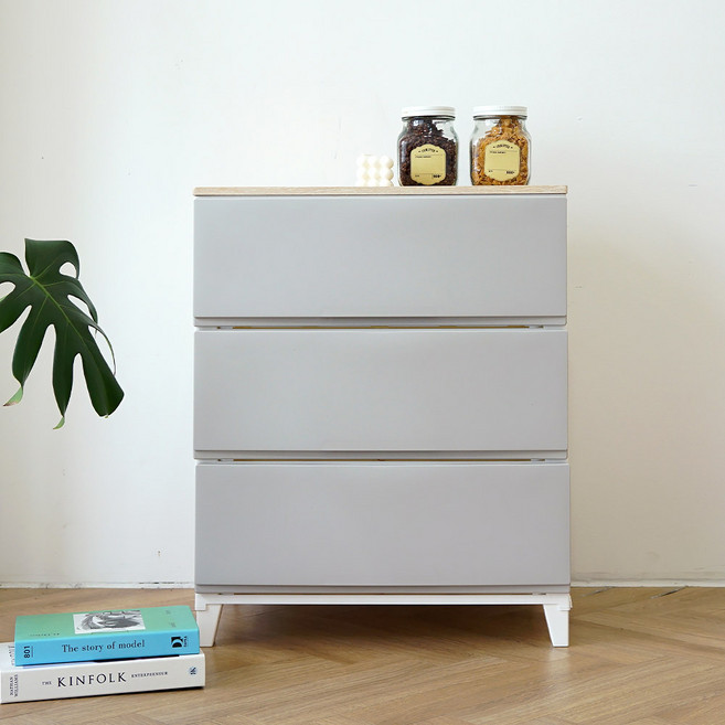 보노하우스 세라비 우드상판 와이드형 서랍장, 라이트그레이, 3단