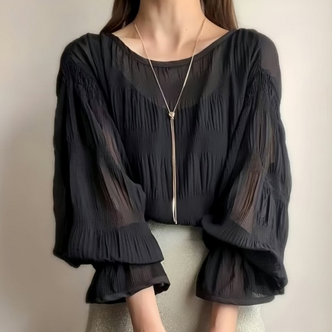 퀸이즈 여성용 셔링 시스루 백리본 블라우스