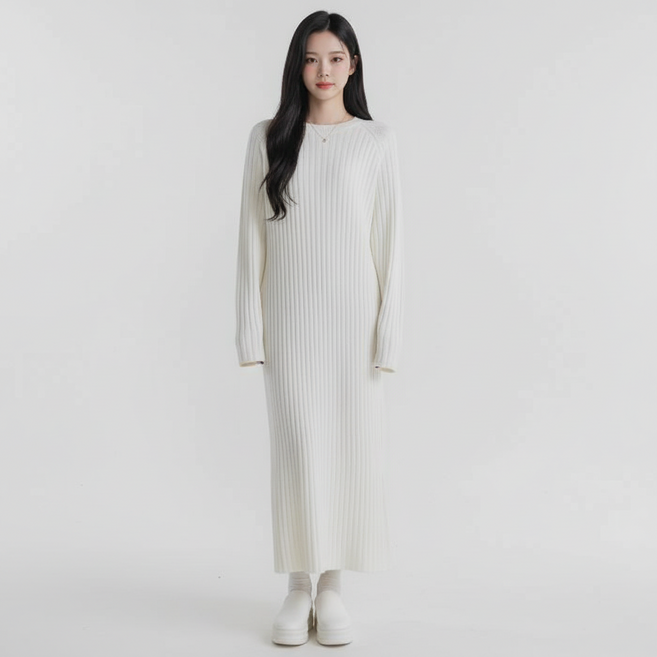 마켓피아 여성용 루즈핏 라운드넥 골지 롱원피스