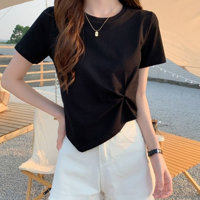 더플로우커머스 여성용 언발 꼬임 포인트 슬림핏 크롭 티셔츠