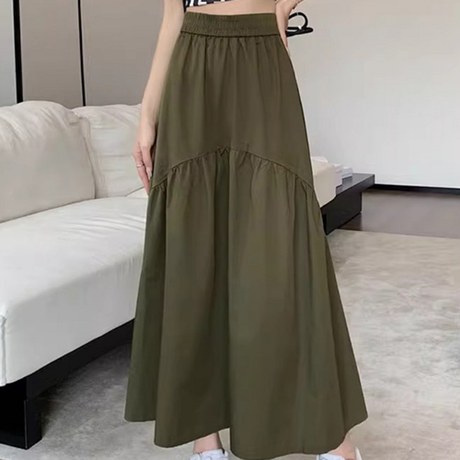 더플로우커머스 여성용 플로우폼 허리밴딩 플리츠 패치 편안한 롱스커트