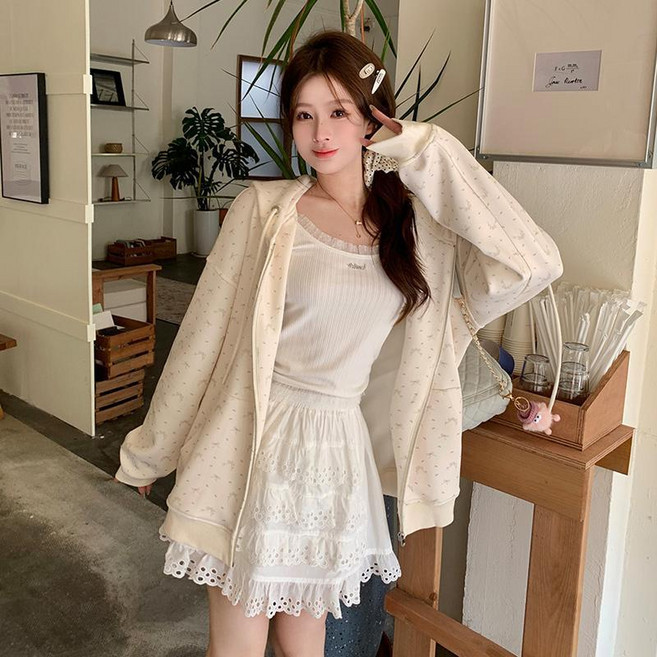 피어니스트 데일리 루즈핏 리본 패턴 후드집업