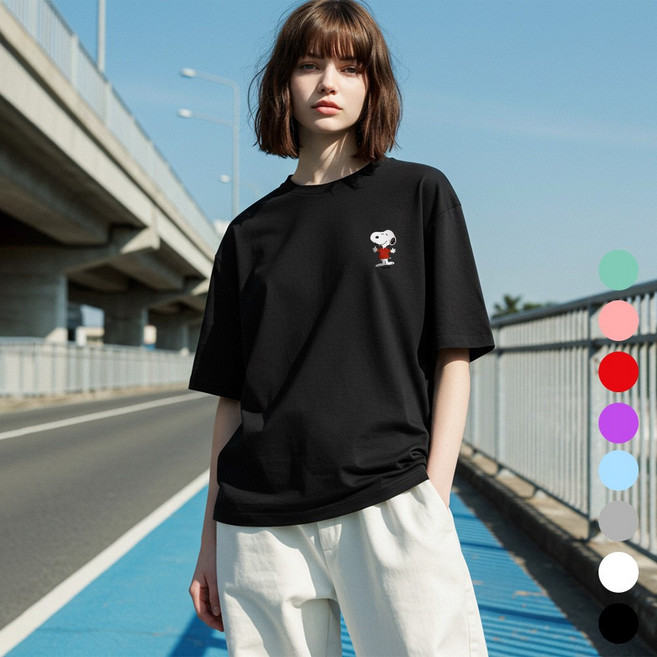 문컬렉션 남녀공용 피너츠 미니 로고 스누피 5부 오버핏 반팔 티셔츠