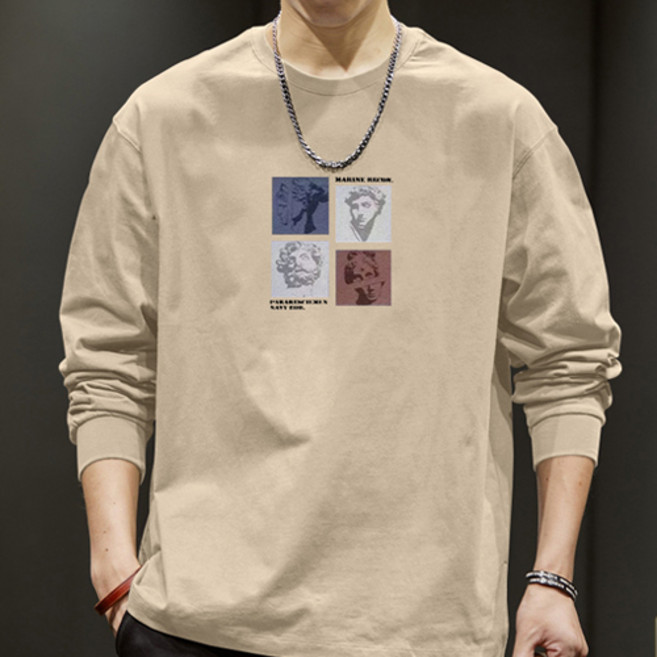 더플로우커머스 남성용 아트 프린트 루즈핏 코튼 긴팔 티셔츠