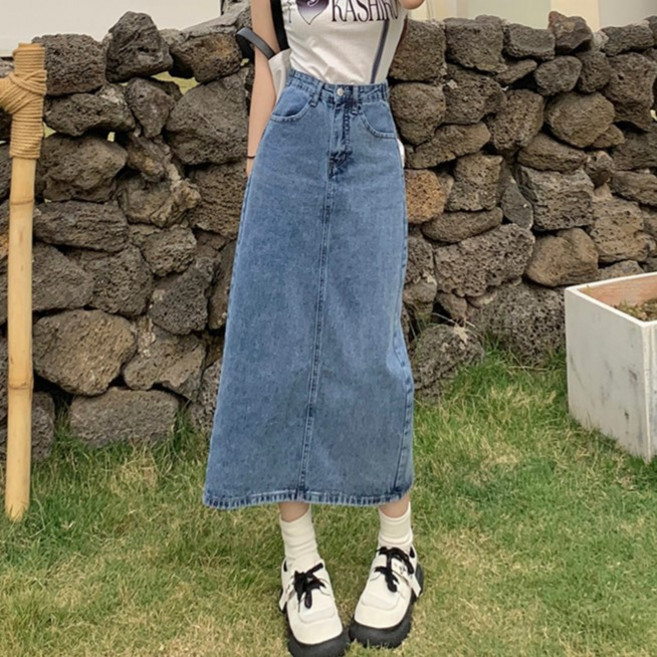 德芙洛商務 女款柔美曲線A字後開衩牛仔長裙