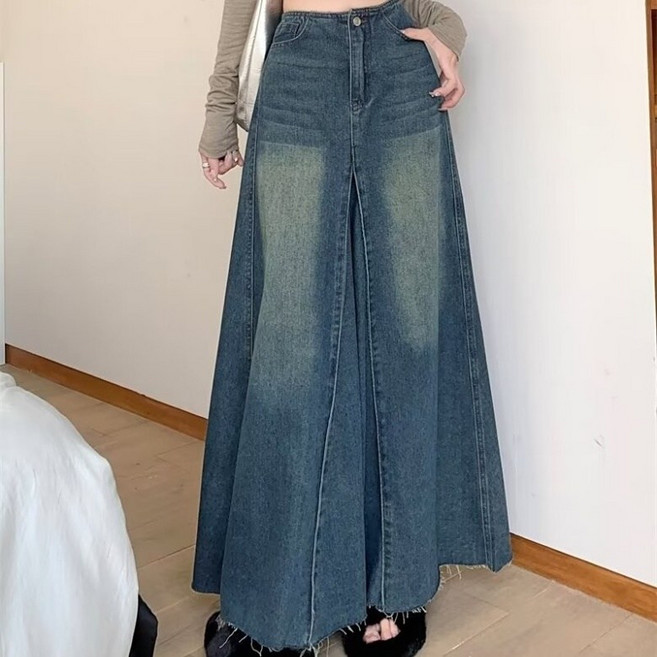 I'M MONG 女款基本版型牛仔A字寬版開衩長裙 R6S006