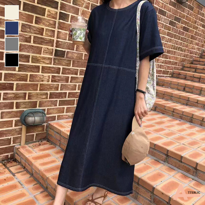 아뗄릭 데님 스티치 오버핏 롱 원피스 14253