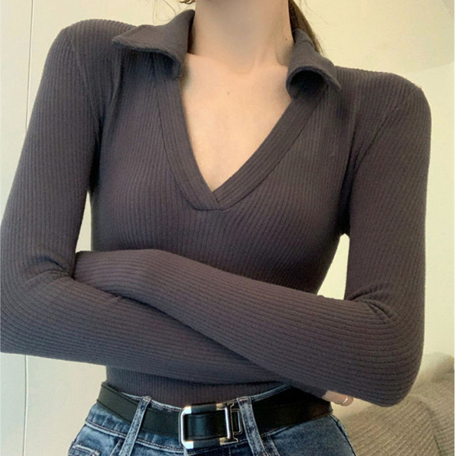 디멜디 여성용 브이넥 슬림핏 봄 긴팔 티셔츠