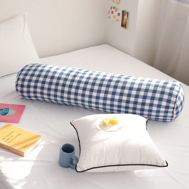 까사베르데 포어스 디자인 체크 바디필로우 원형 롱쿠션 솜포함 커버, 웨일 블루 체크