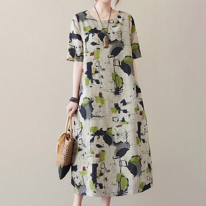 퀸이즈 여성용 스케치 나염 린넨 원피스