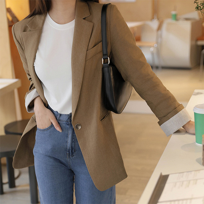 빼빼 여성용 카라넥 배색롤업 린넨 자켓