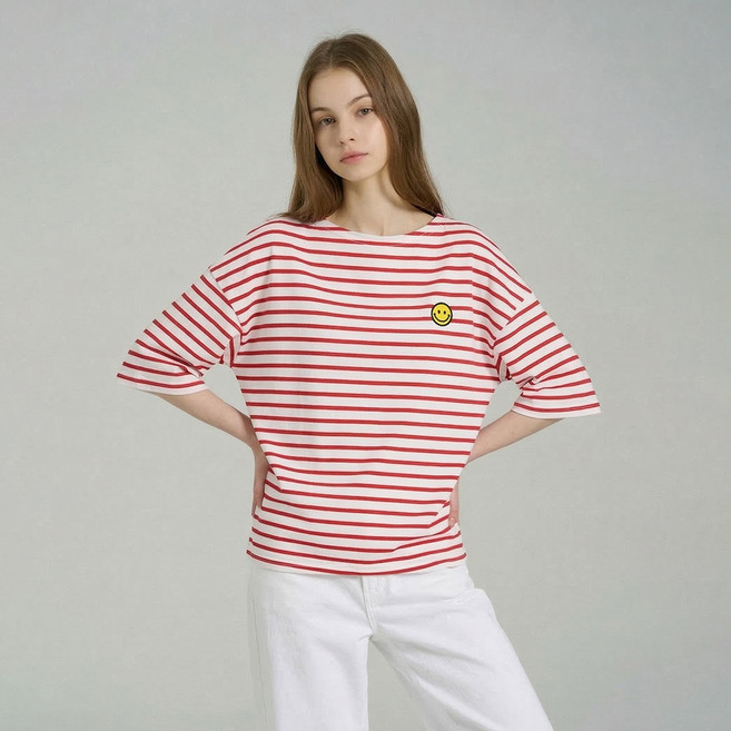 에이비플러스 여성용 스마일패치 스트라이프 라운드 반팔 티셔츠 LSA2MK36E