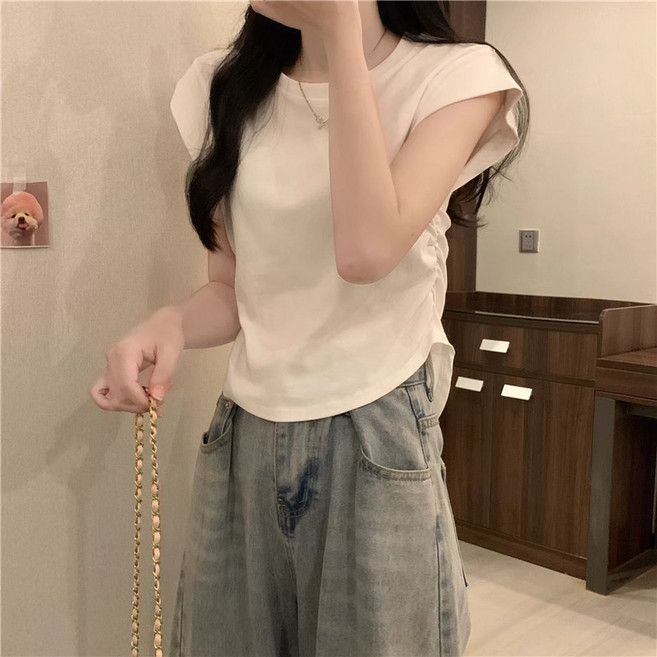 라라티나 여성용 미젠 라운드넥 세미크롭 셔링 티셔츠