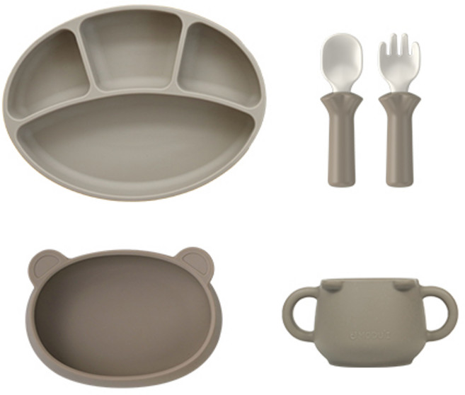 블루마마 실리콘 스푼 + 포크 + 스푼포크 케이스 + 흡착식판 + 곰돌이컵 + 곰플레이트 올인원 세트, 베이지, 1세트