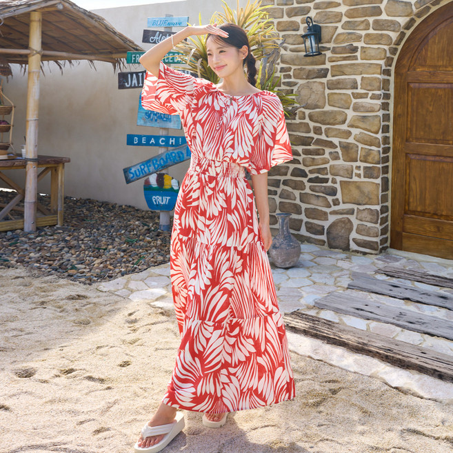 헤링본 레이온 트로피컬 반팔 롱 비치원피스 HI188