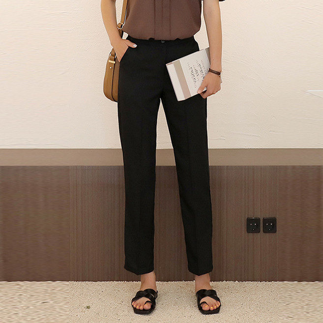 BBAEBBAE 女款後腰鬆緊帶防皺修身直筒西裝褲