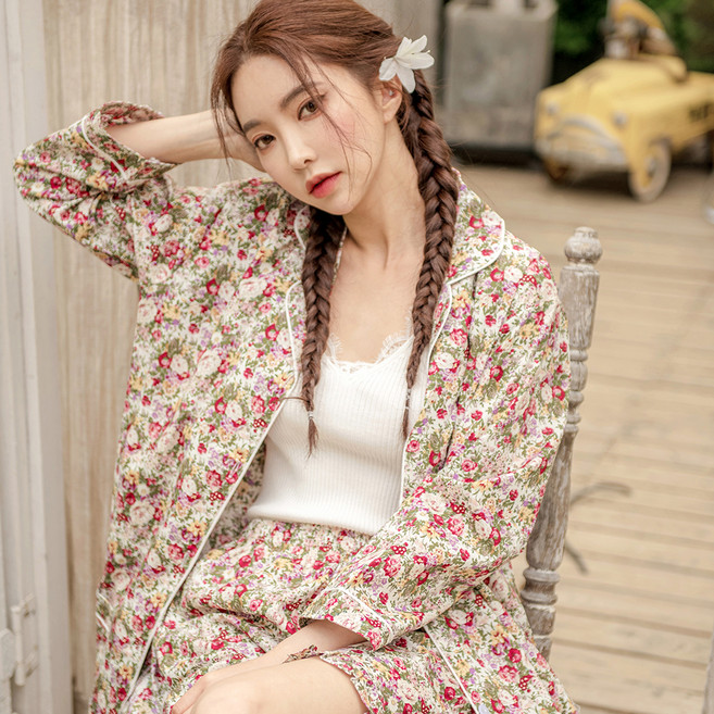 테라우드 여성용 통기성 로브 코튼 플라워 잠옷 3부 상하 세트