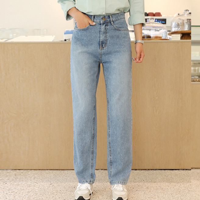 빼빼 여성용 하이웨스트 워싱 일자 데님 팬츠