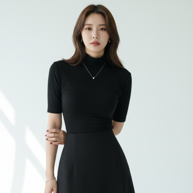 구디프 여성용 하프넥 슬림핏 5부 크롭 티셔츠