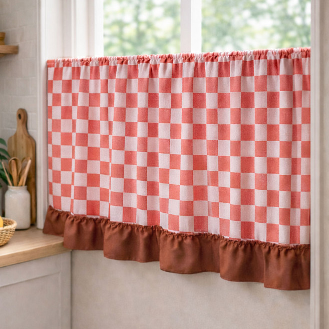 지앤와이 체크패턴 브라운프릴 가림막 바란스 커튼