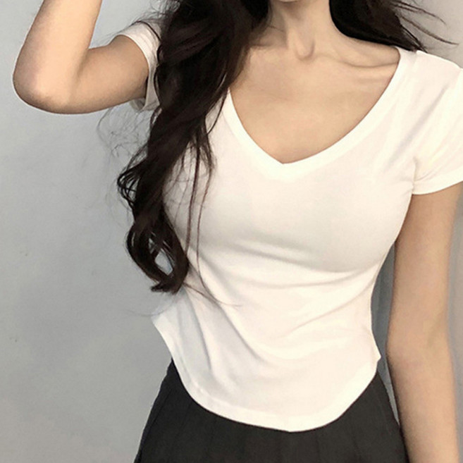 디멜디 여성용 브이넥 슬림핏 단색 머슬 반팔티셔츠