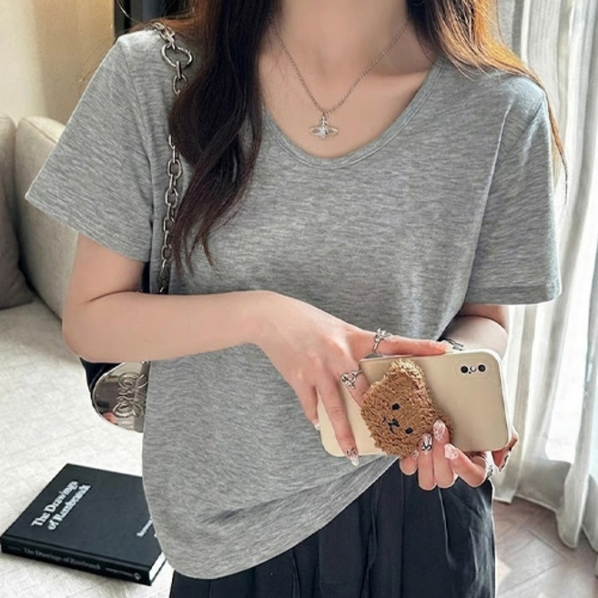 아이캔심플 여성용 루즈핏 브이넥 데일리 베이직 반팔티셔츠