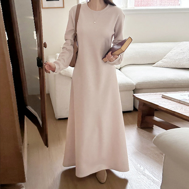 보리맘 기모 A라인 플레어 임산부 롱 원피스 G146