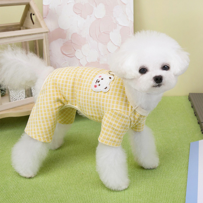 파스텔펫 반려동물 체크 곰돌이 올인원, 옐로우, 1개