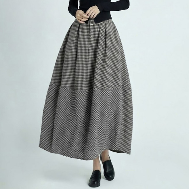 페이퍼먼츠 코웬 버튼 체크 롱 스커트 13846