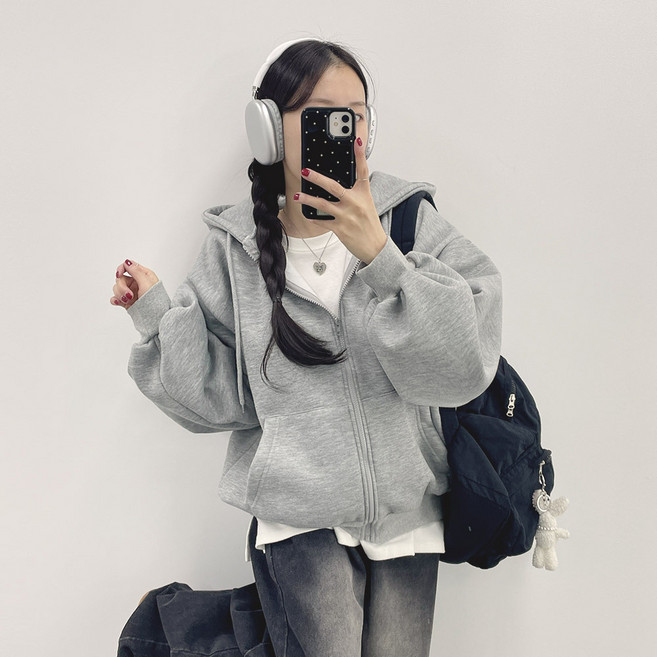 위드후이린 여성용 봉봉 루즈핏 후드집업