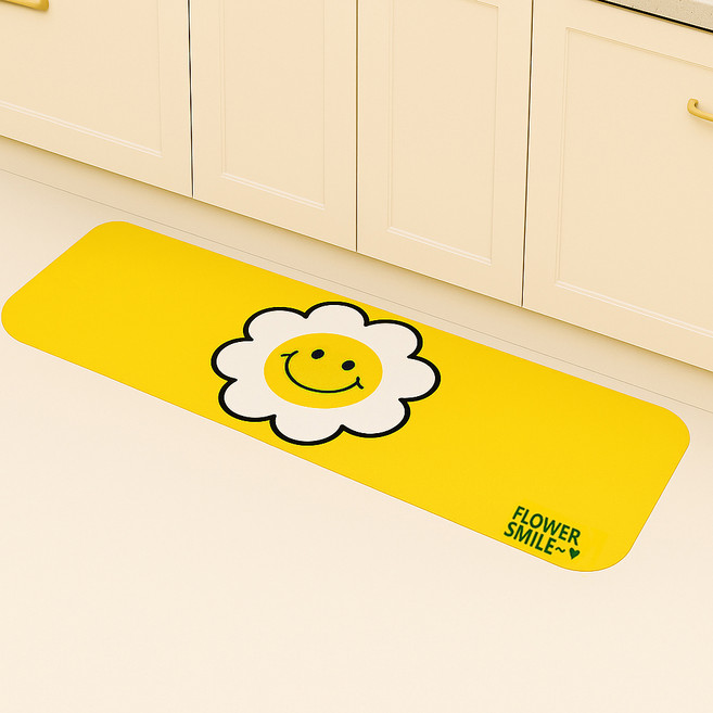 무식이네 스마일 플라워 빨아쓰는 깨지지 않는 규조토 발매트, 옐로우