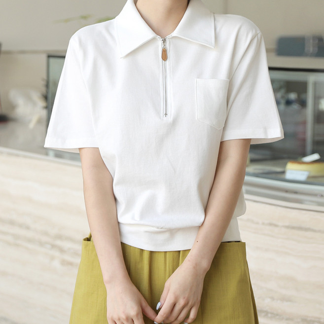 빼빼 여성용 통기성 PK 집업 카라넥 크롭 반팔 티셔츠