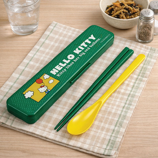 스케이터 스푼 + 젓가락 18cm + 케이스 세트 CCS3SA, 헬로키티 그린, 옐로, 1세트, 스푼 + 젓가락 + 케이스